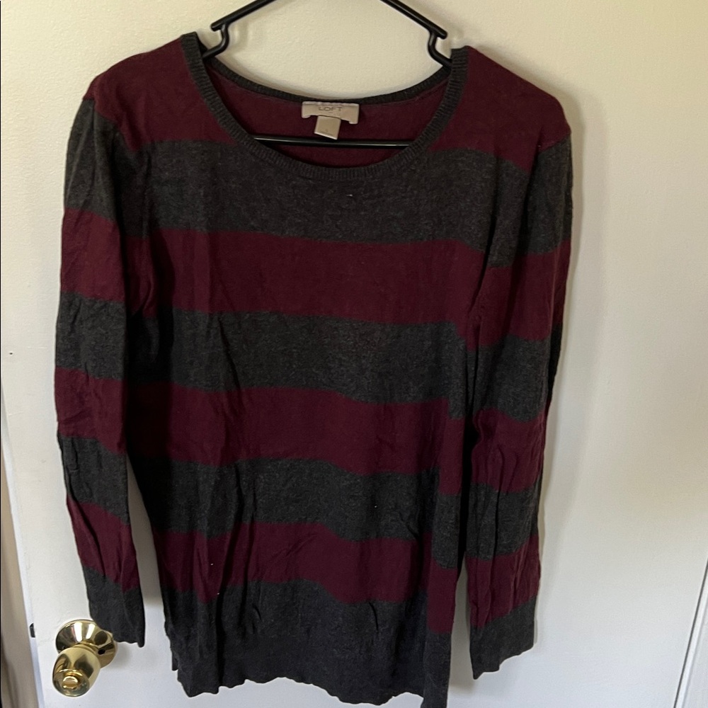 LOFT Women's Crew Neck Sweater - Burgundy and Charcoal Stripes